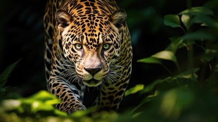 A prowling jaguar in a South American rainforest