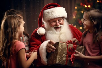 Fototapeta na wymiar Santa Claus giving Christmas gifts. Magical Moments of Gift-Giving during Christmas