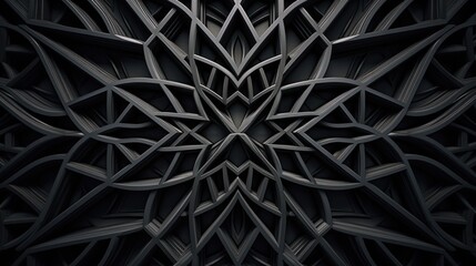 An abstract 3D graphic showcasing symmetrical repeating patterns in dark gray. The design comprises geometric shapes, lines, and shadows in a symmetrical layout