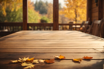 Naklejka na ściany i meble empty wooden table with sunny weather autumn summer spring warm