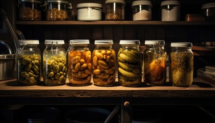 A Collection of Colorful Jars Filled with a Variety of Delicious and Nutritious Foods - obrazy, fototapety, plakaty