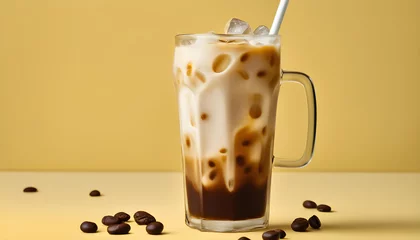 Papier Peint photo autocollant Bar a café Iced coffee with milk in a glass with ice cubes and grains with straw on a yellow background 