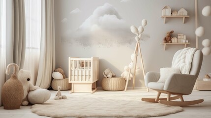  Nursery interior with a white cradle lots of toys.