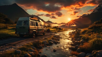 Scenic Sunset Road Trip. Van Traveling by the River for Adventure and Freedom in Nature