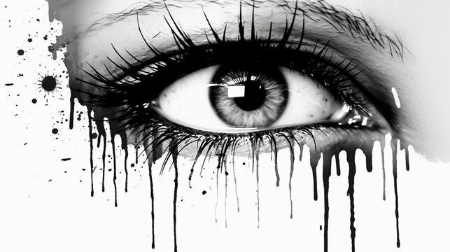Beautiful female eye with a tear. Ink black and white drawing. Ai generative