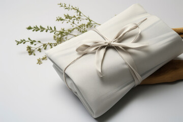 wrapping gifts in fabric  in furoshiki style. Eco friendly concept. DIY.