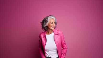beautiful elderly woman model  smiling in the studio isolated on pink background. copy space 