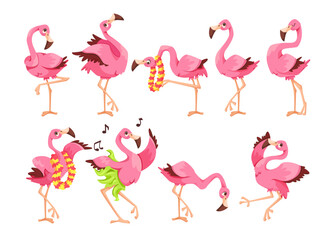 Pink Flamingo Character with Long Neck and Legs Vector Set
