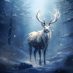 deer in the forest, dramatic, night, large antlers, proud, strong, king of the forest 