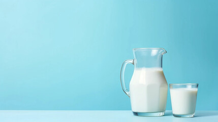 copy space, stockphoto, light blue background, glass filled with milk, jug, jar half filled with milk. Healthy food concept. National milk day.