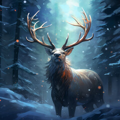 deer in the forest, dramatic, night, large antlers, proud, strong, king of the forest 