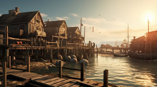 an image of a coastal village with wooden fishing piers
