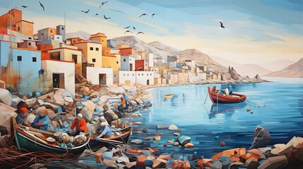 an image of a coastal village with a vibrant fish market - obrazy, fototapety, plakaty