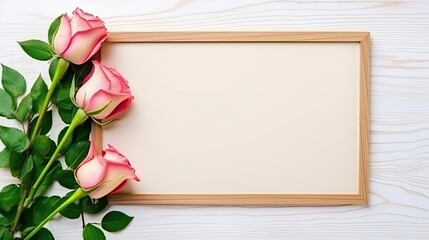 photo frame with space for text with a bouquet of roses on a light wooden background - obrazy, fototapety, plakaty
