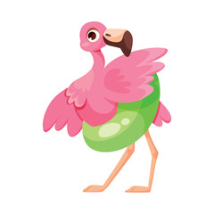 Pink Flamingo Character with Long Neck and Legs with Rubber Ring Vector Illustration