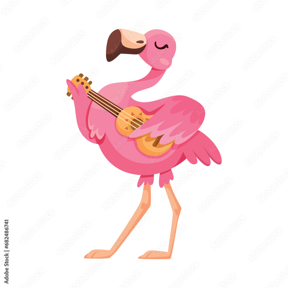 Sticker pink flamingo character with long neck and legs playing guitar vector illustration