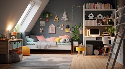 A cozy children's room with a gray accent wall, a wooden loft bed with a ladder