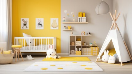 A gender-neutral children's room with a white and yellow color scheme