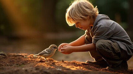 A heartwarming photo of a young boy feeding a baby bird with a dropper - Powered by Adobe