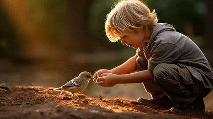 Foto op Plexiglas A heartwarming photo of a young boy feeding a baby bird with a dropper © ArtCookStudio