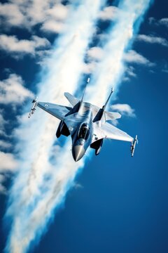 fighter jet flying at high speed against a blue sky backdrop