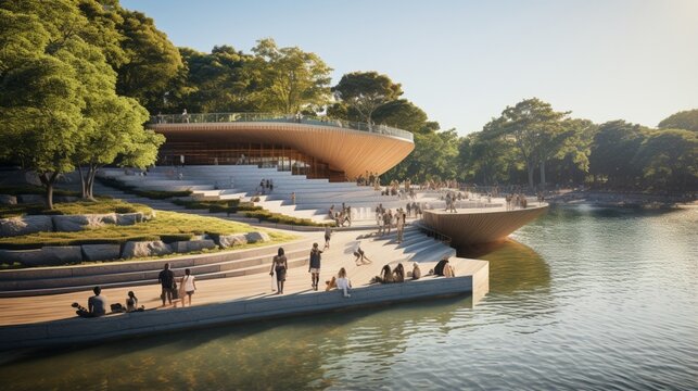 an image of a contemporary lakeside amphitheater