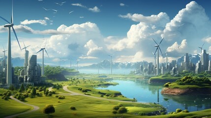 an image of a developed village with green energy sources like wind turbines