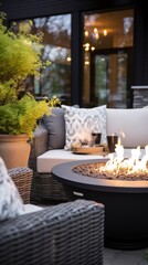beautifully designed outdoor patio area with modern furniture, potted plants, and a cozy fire pit. - obrazy, fototapety, plakaty