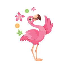 Pink Flamingo Character with Long Neck and Legs Standing with Flowers Vector Illustration
