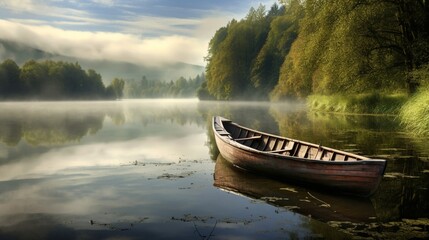 an image of a freshwater lake with a traditional rowboat