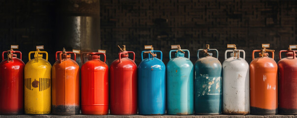 gas bottles in row at diverse colors. Lpg or Propane tanks filled with gass. - obrazy, fototapety, plakaty