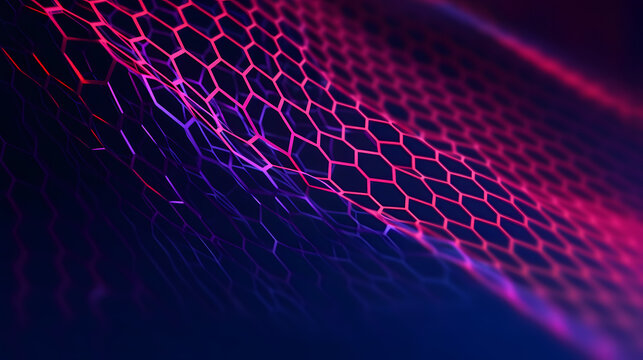 Abstract technology background with hexagons or honeycombs with red, pink and blue colors. Symbolizing a wave of data stream or blocks with information