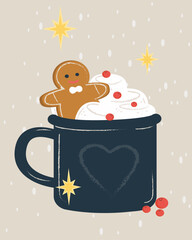 Hot winter drink, festive cup with cookies.  Mug with gingerbread man with marshmallows in hot drink, coffee or tea,hot chocolate. Symbol of Christmas and New Year. Cartoon flat vector illustrations i