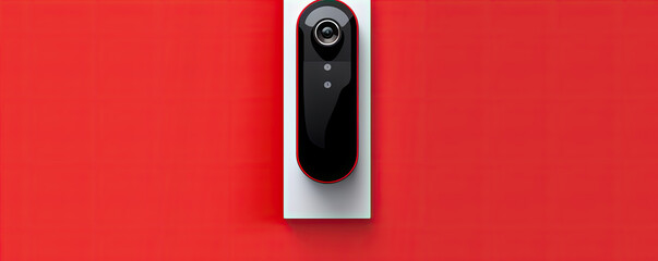 Detail on modern doorbell with mounted video camera on red background. - obrazy, fototapety, plakaty