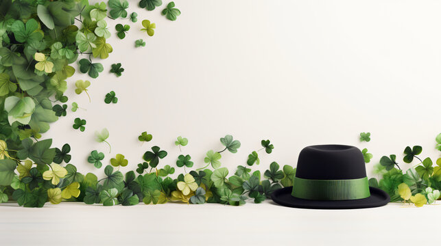 an image of a st patrick's day hat and shamrock leaves with a white background