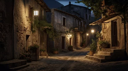 Foto op Plexiglas an image of a historic village with narrow alleyways and gas lamps © Wajid