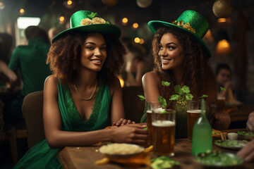 two girls wearing st patrick's day costumes at a restaurant table