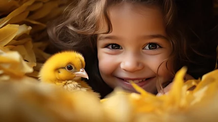 Poster young girl playing peek-a-boo with a tiny chick, both of them beaming with joy © ArtCookStudio