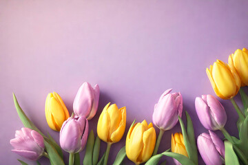 Spring background with beautiful yellow and lilac tulips with bokeh.