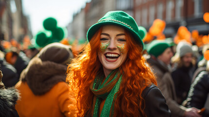 Fototapeta premium young woman smiling celebrating st patrick's day on a parade