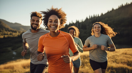 A group of friends running together outdoors, with smiles on their faces and a scenic background