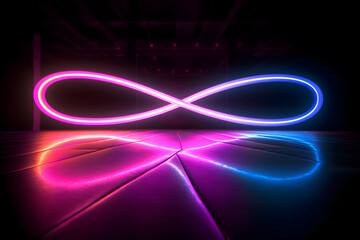 Infinity sign made of neon lights on the floor. Suitable for wallpaper or background in web design 