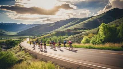 Foto op Canvas cyclists riding through a winding mountain road, with a beautiful scenic landscape © ArtCookStudio