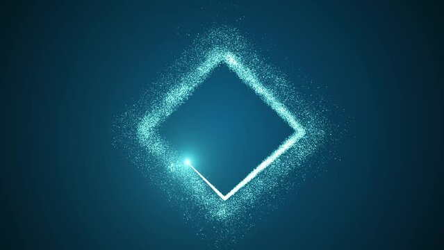 Bright light source draws a square frame of particles on a gradient blue background. Animation with free space in the middle.