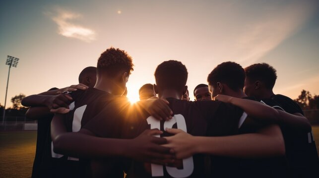 A group of young soccer players huddled together in a team talk, with the sun setting behind them