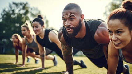 A group of people doing a bootcamp-style workout together, with a trainer leading the way