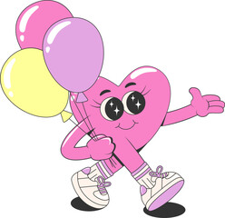Retro groovy lovely heart with balloons character. Cartoon romantic 60s 70s vintage Happy Valentine's day sticker. Vector illustration in pink and purple colors on a transparent background.
