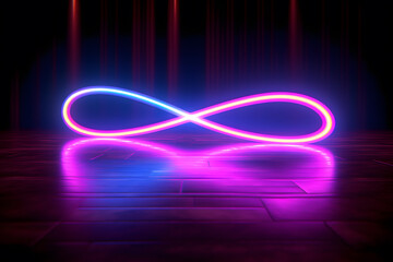 Infinity sign made of neon lights on the floor. Suitable for wallpaper or background in web design 