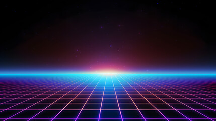 Retro technology background with squares on the ground with neon lights, dark top side and vivid blue line on the horizon