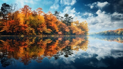 an image of a mirrored lake reflecting autumn foliage